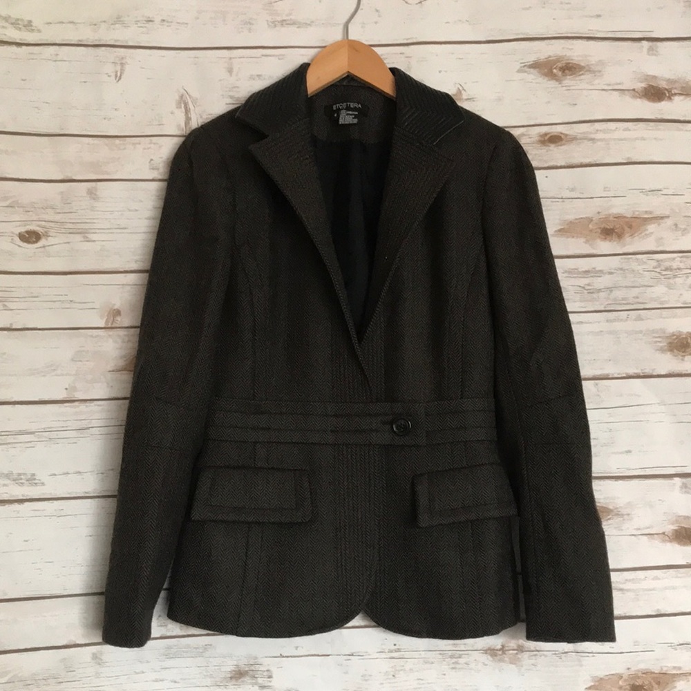 Etcetera Gray Black Lambs Wool Collared Blazer - image 1
